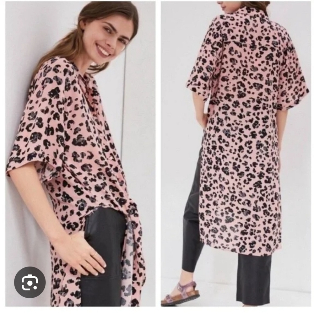 Maeve Anthropologie Tunic Women XS Pink Black Cheetah Print Sheer Duster Oversiz